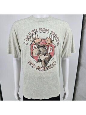 Distressed Vintage 1990s New Hampshire "I Brake For Moose" Graphic T-Shirt (XL)
